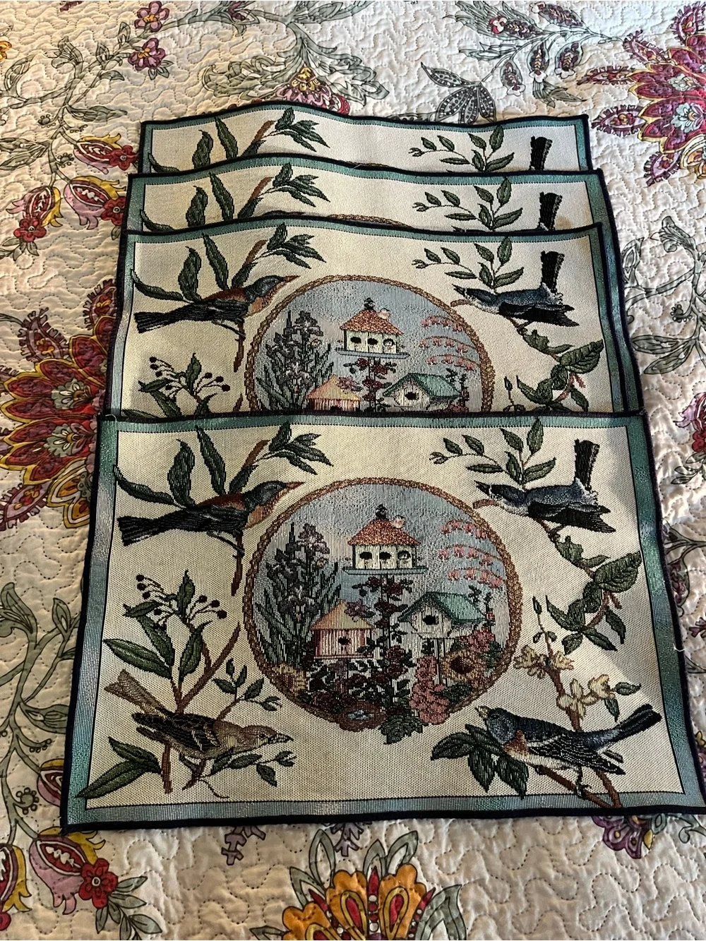 Vintage Cottagecore Placemats Kitchen Table Bird Birdhouse Needlepoint 2161